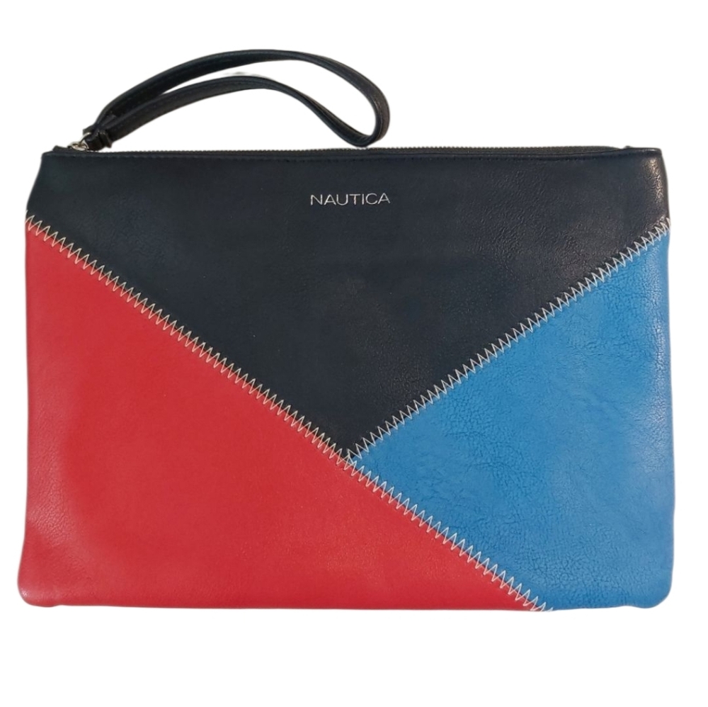 Nautica Red Blue Multicolored Faux Leather Colorblock RFID Wristlet Clutch EUC